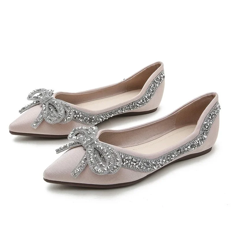 Woman Fashion Bow Rhinestone Flat Single Shoes Apricot Pointed Shallow Mouth Single Shoes 2025 Spring Ladies Diamond Single Shoe 3