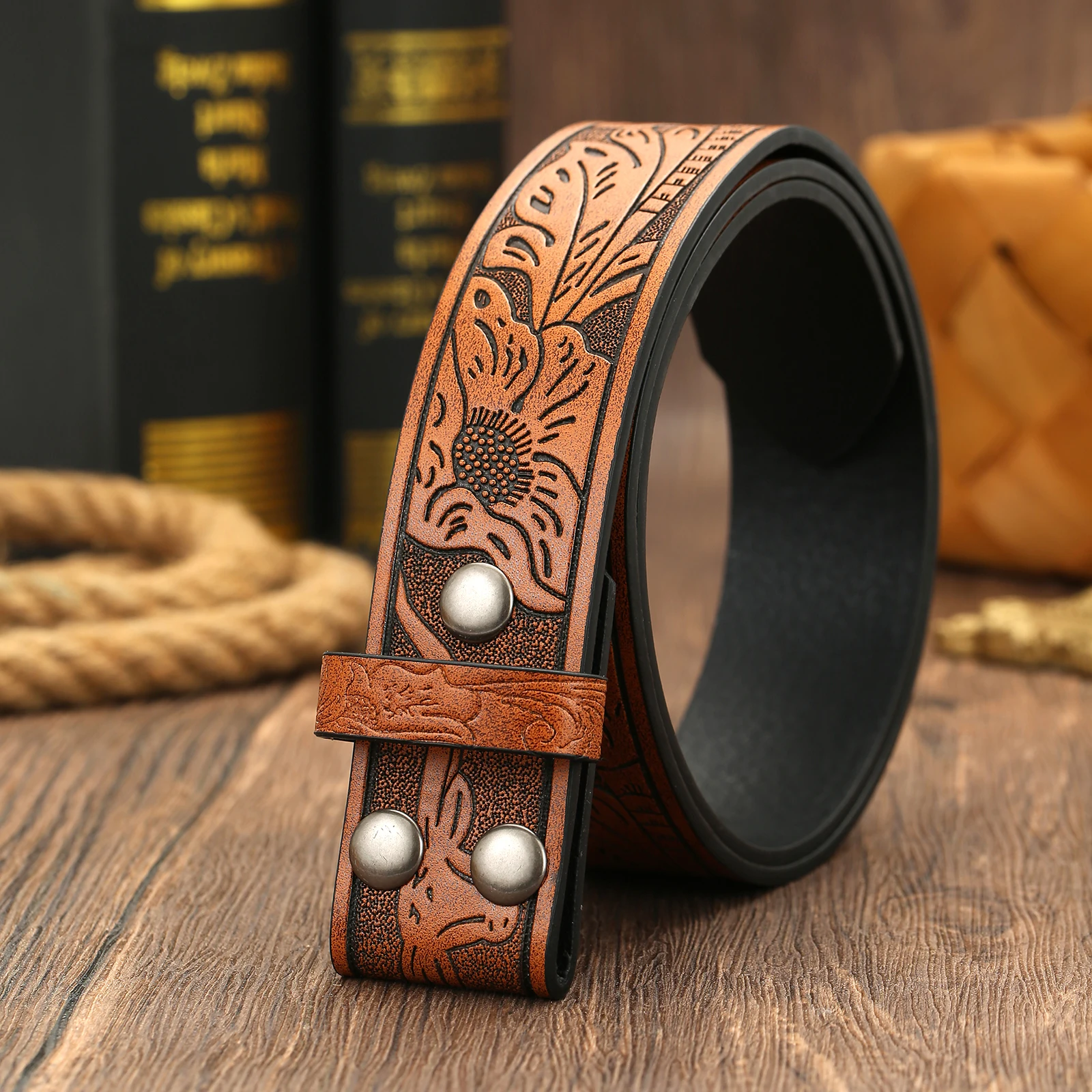Men Western Pattern Embossed Belt Blank Strap, No Buckle Retro Cowboy Pu Leather Belt Replacement Strap