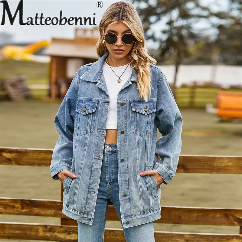 Vintage Denim Jacket Women Autumn Winter Loose Lapel Single