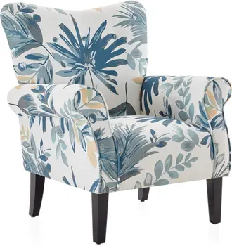 High Back Floral Accent Chair with Wooden Legs 1