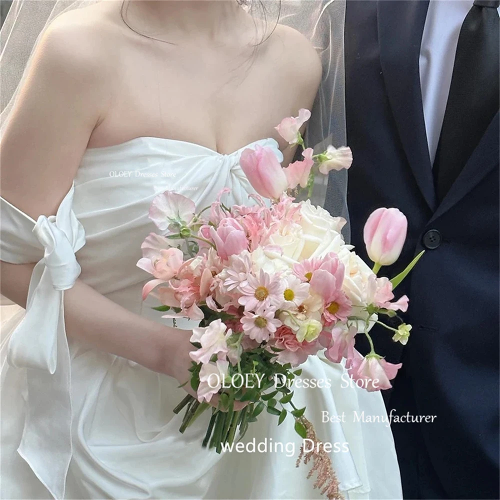 OLOEY Simple Off Shoulder Wedding Dress Korea Silk Satin Bridal Gown Short Sleeves Floor Length Evening Party Dresses