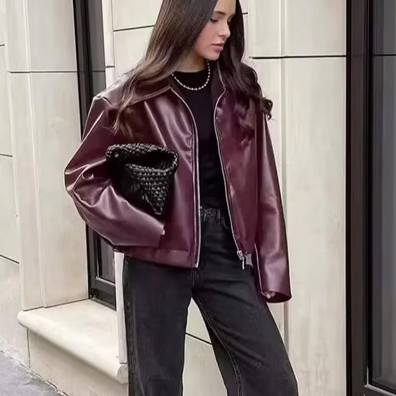 2024 Autumn Women American Style Vintage Solid Bordeaux Red Short