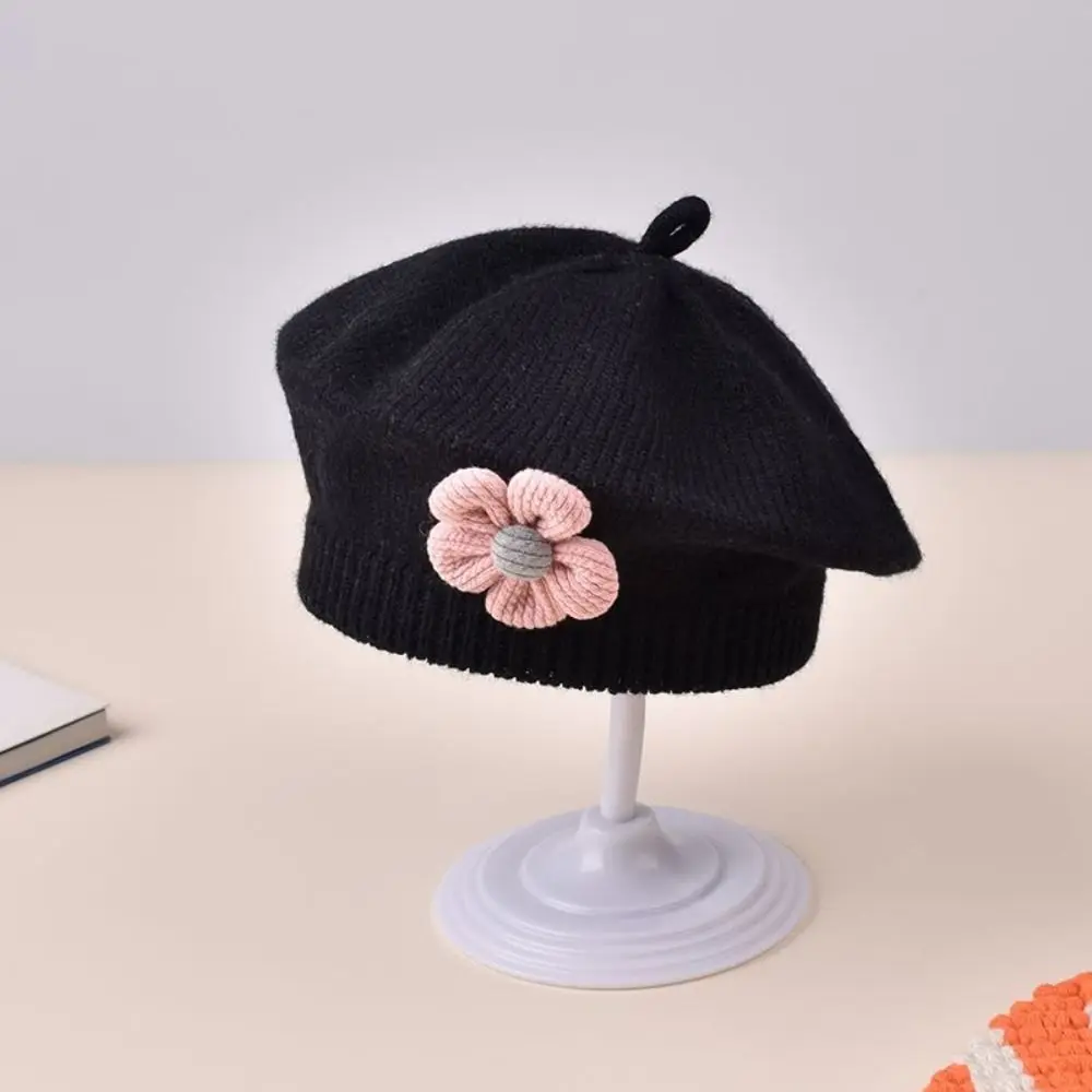 New Flower Baby Beret Hat Korean Princess Knitted Beanie Cap Artist Solid Color Artist Painter Caps For Infant Girls
