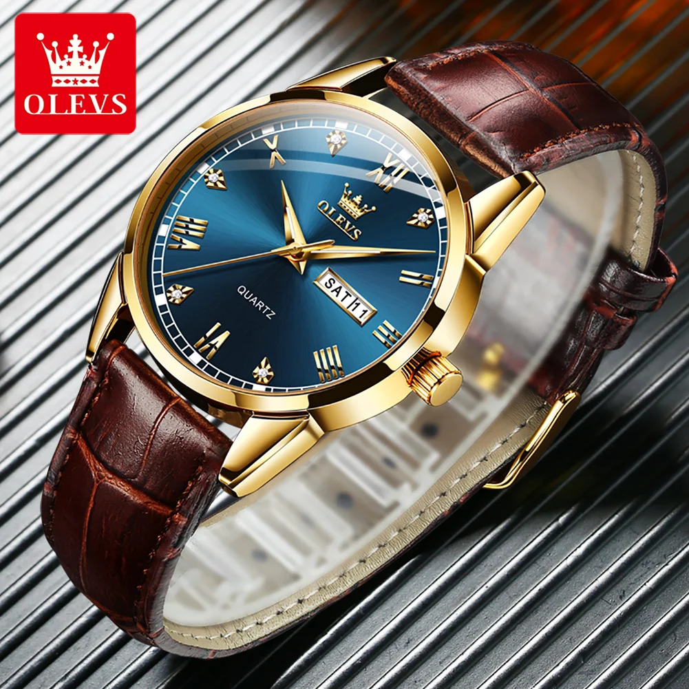 OLEVS 2024 New Fashion Quartz Watch for Men Leather Strap Warterproof Week Date  Mens Watches Top Brand Luxury Relogio Masculino