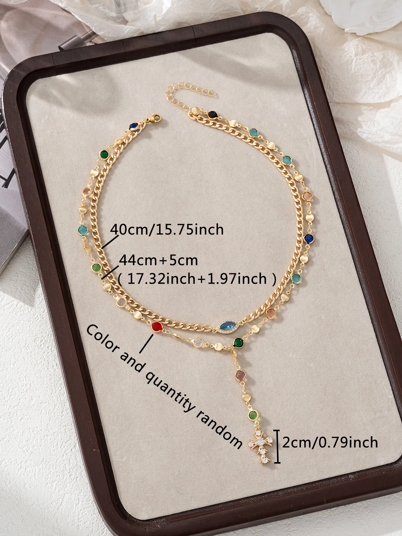 Layered Colorful Cubic Zirconia Cross & Evil Eye Necklace - Y-Shaped Drop Chain