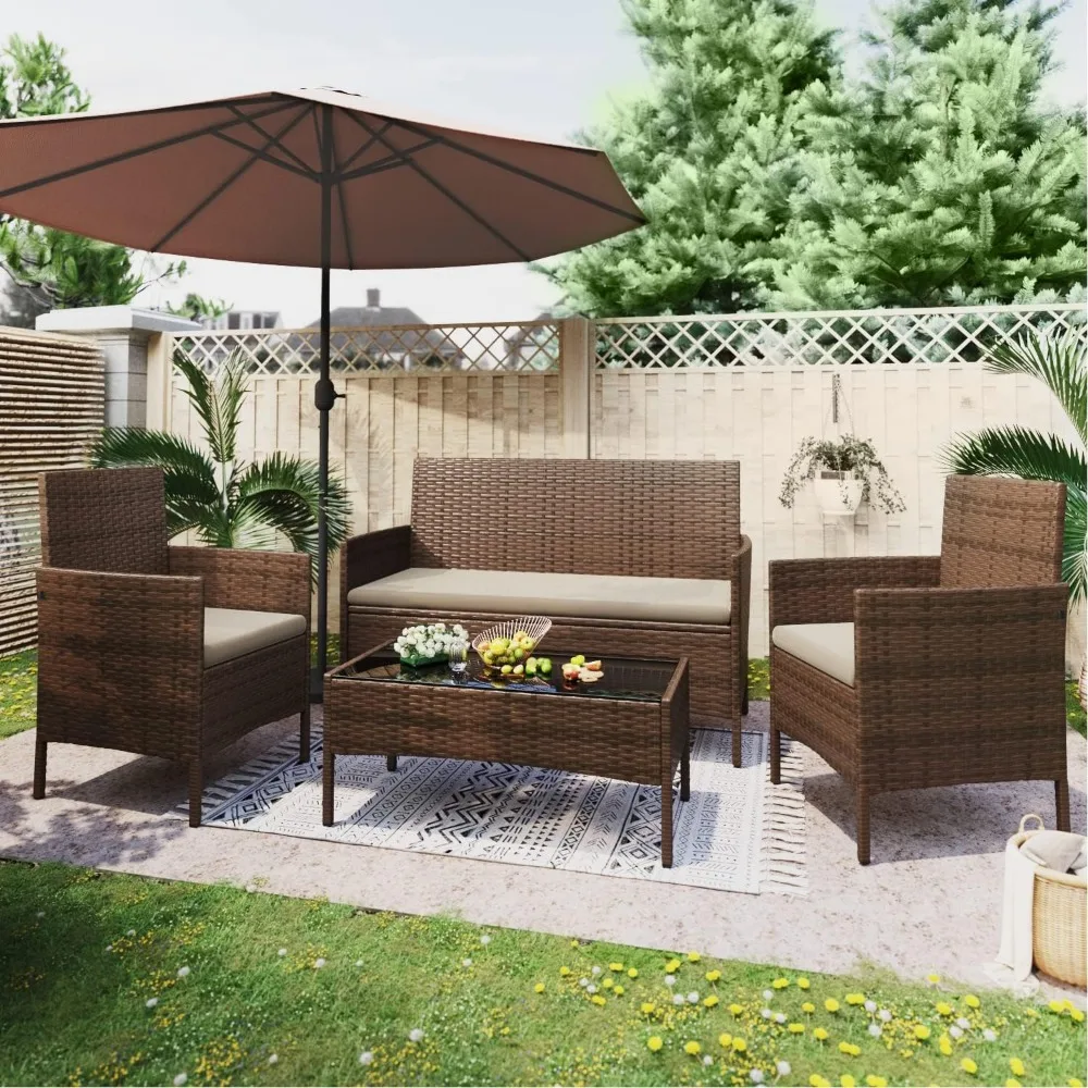 

Patio Furniture 4 Pieces Conversation Sets Outdoor Wicker Rattan Chairs Garden Backyard Balcony Porch Poolside loveseat