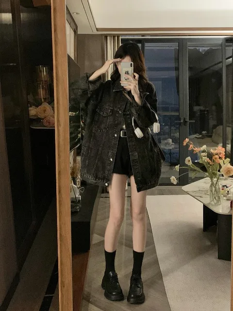 미국 빈티지 블랙 & 그레이 데님 코트: 세련되고 편안한 봄 & 가을 필수품