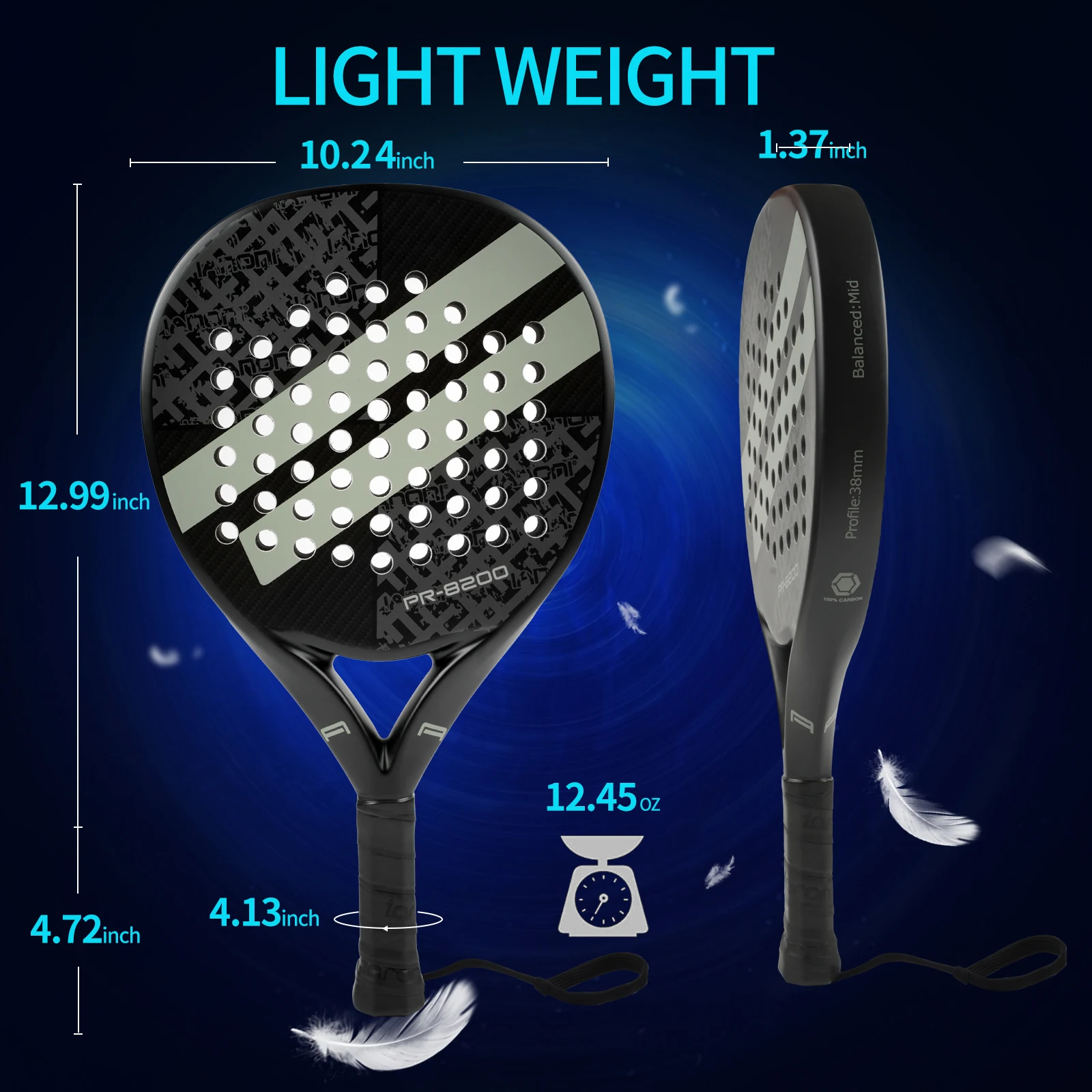IANONI Padel Racket Carbon Fiber Surface with EVA Memory Flex Foam Core Lightweight Padel Racquet