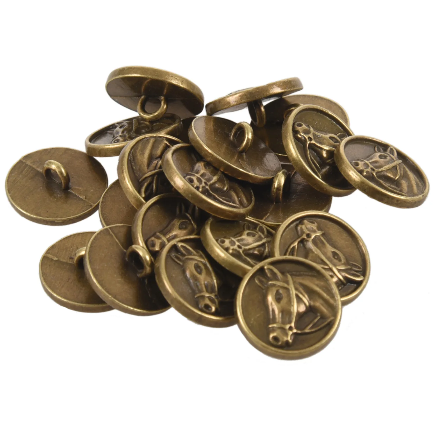 20PCs Zinc alloy Buttons Horse Head Carved Round Bronze Tone 15mm( 5/8 inch)Dia. 3