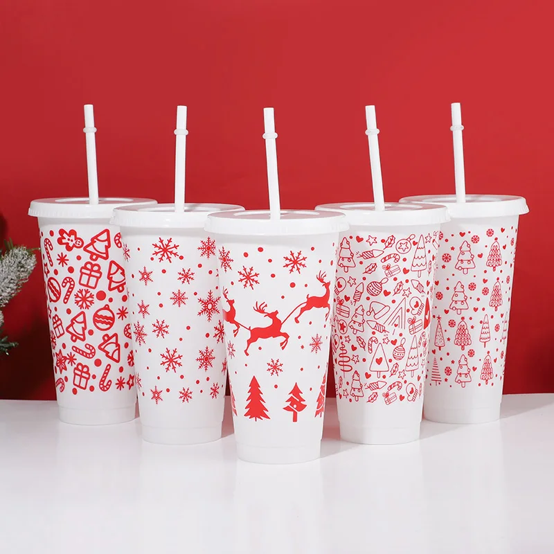 5Pack 24oz Christmas Plastic Cup with Lids Straws Reusable Christmas Juice Coffee Drinking Cups 2026 New Year Gifts Xmas Navidad