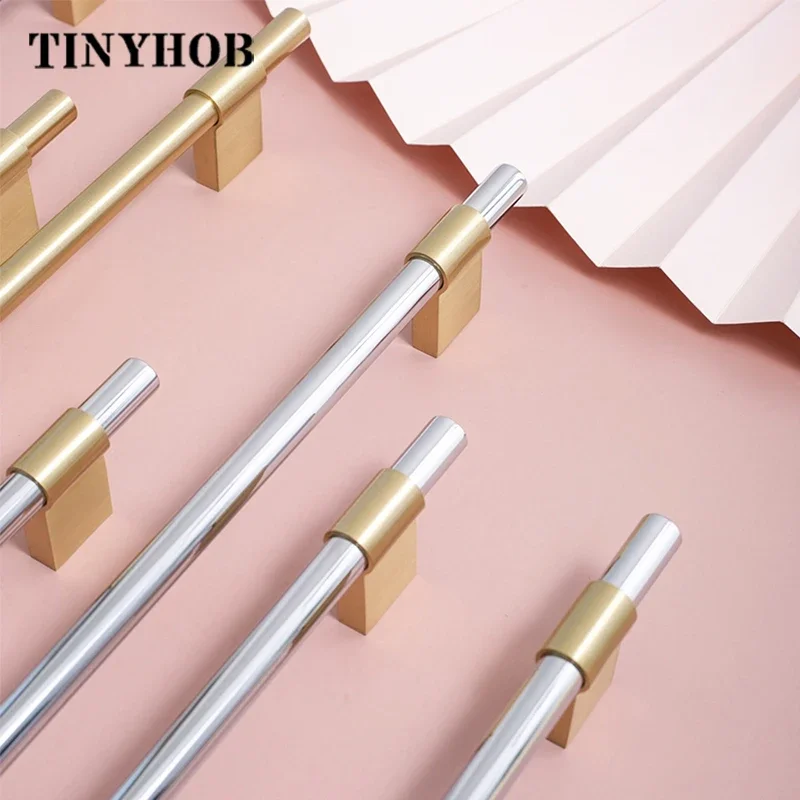 Solid Brass Cabinet Alças Longas Prata Gaveta Puxa t Bar Cozinha Móveis Hardware Estilo Europeu