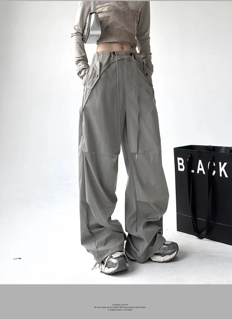Drawstring Cargo Pants Fashion High Waist Pocket Straight Pants High Street Leisure Baggy Wide Leg Trouser Ladies