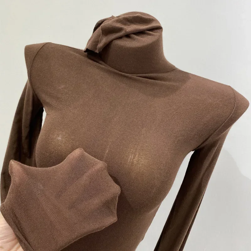 Thin Soft American Long Sleeve T-shirt High Stacked Neck Tight Perspective Bottom Shirt Women's Slim Fit Tops Sexy Streetwear