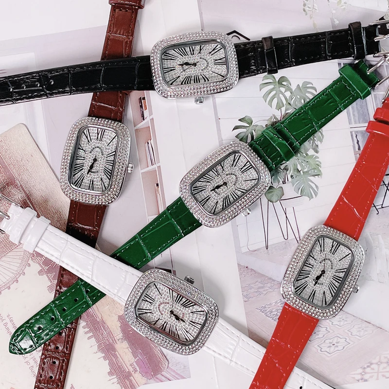 Diamond Watches Women Square Rose Gold Wrist Watches Red Leather Fashion Watches Ladies Quartz Clock Montre Femme