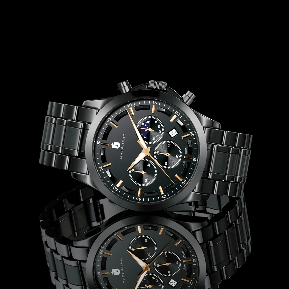 SAPPHERO Luxury Men's Watch Moon Phase Watch High Quality Multifunctional Chronograph Stainless Steel Men Waterproof Male Clock