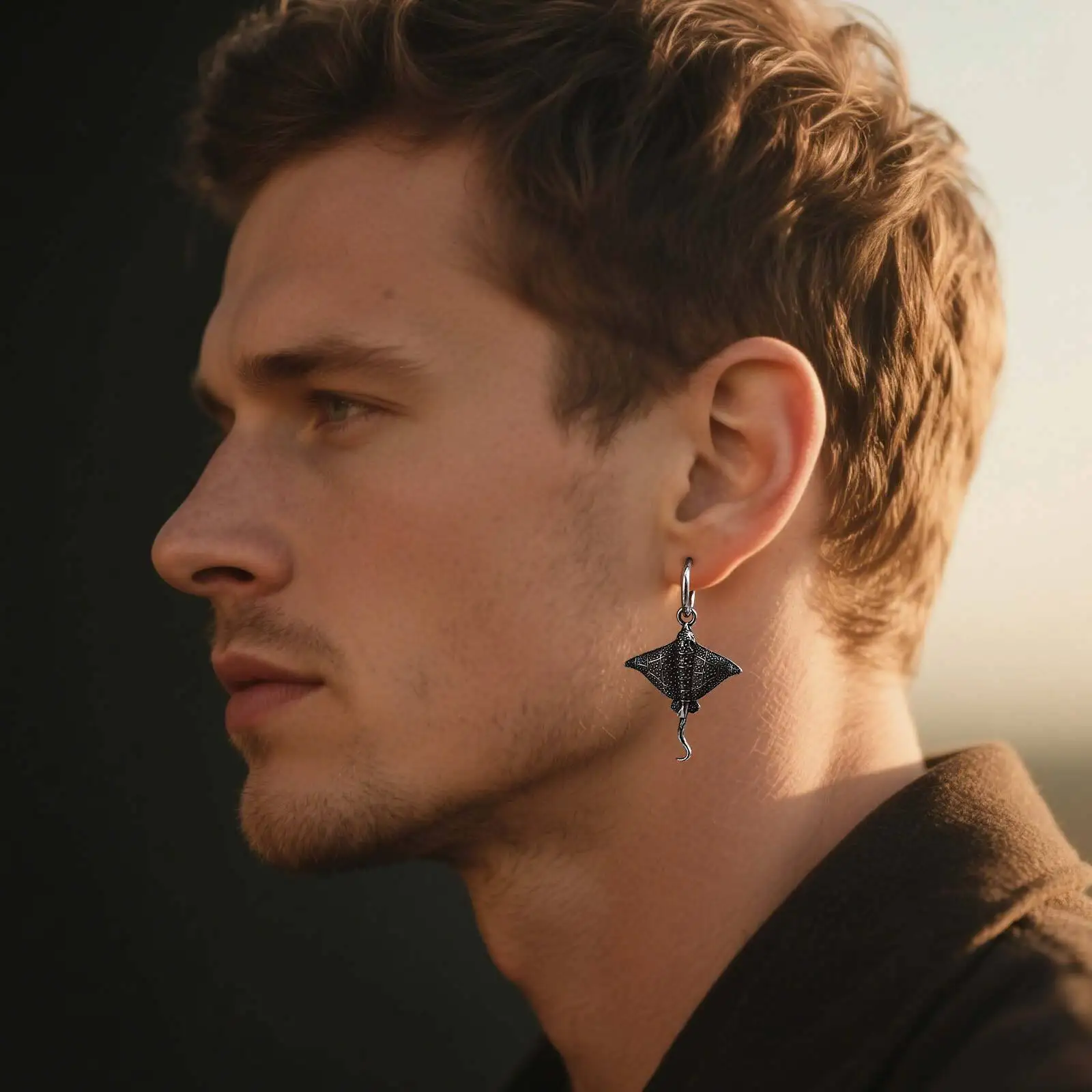 Waterproof Devil Fish Hoop Earrings for Men,Stainless Steel Fish Drop Earring