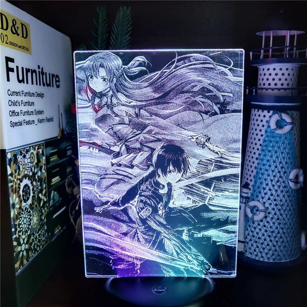 

3D лампа для декорирования спальни, в стиле аниме, Кирито и Асуна, светодиодсветодиодный подсветильник ка, манга, иллюзия RGB