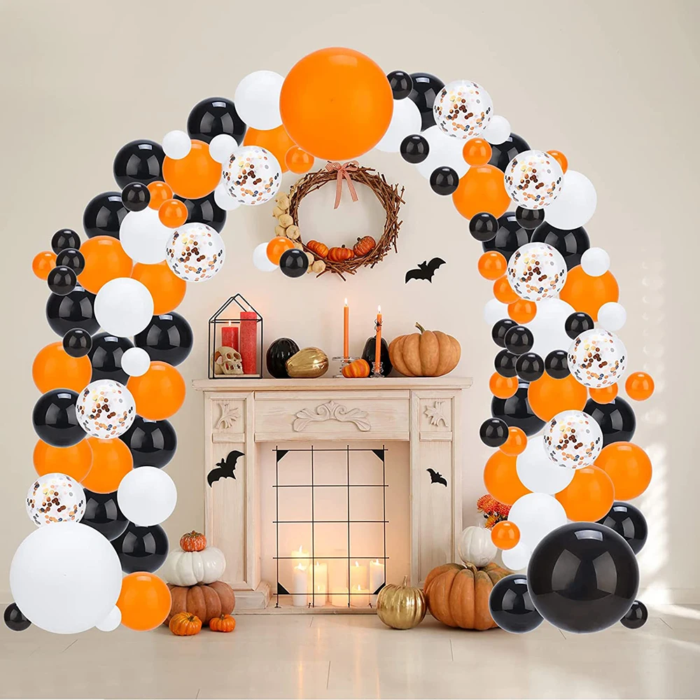 105PcsHalloweenDecorBalloonGarlandArchKitOrangeBlackWhiteConfettiBallonArchParty