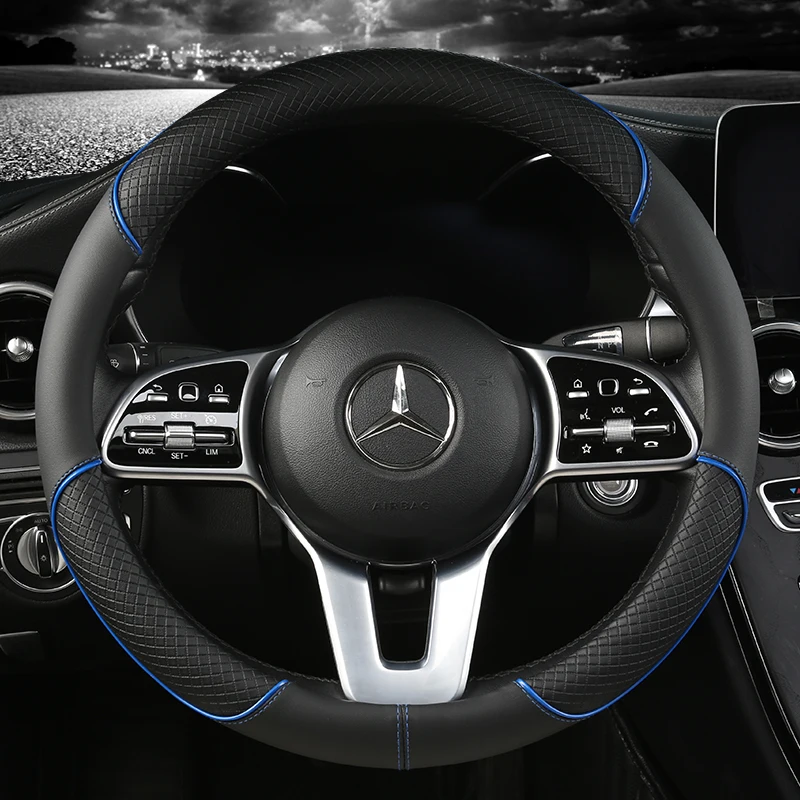 Full Leather Splicing Line Car Steering Wheel Cover Three-dimensional Non-slip Suitable for Car Decoration steering wheel cover
