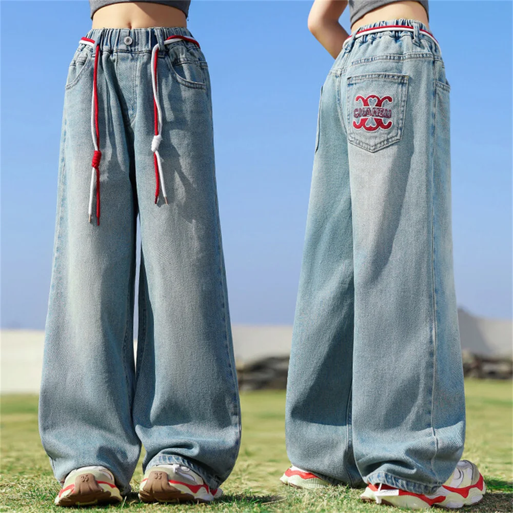 635 Back Pocket Embroidery Spring Girls' Wide Leg Pants Fashion Girls' Jeans Children's Jeans Kid's Casual Pants
