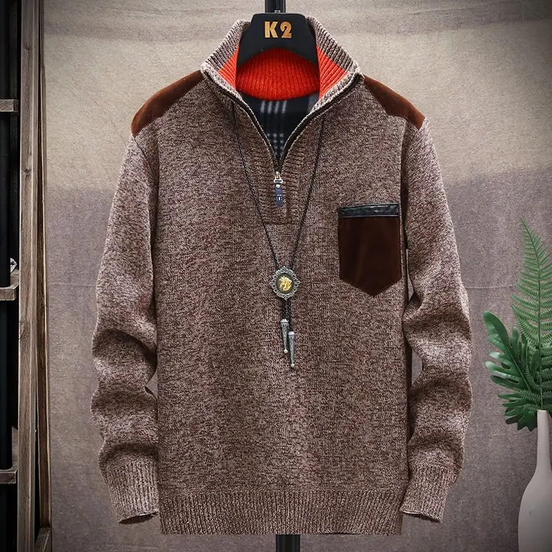 Men's Casual Sweater Pullover Slim Stand Collar Thick Autumn and Winter Long Sleeved Zipper Hooded Knitted Cardigan Coats Tops