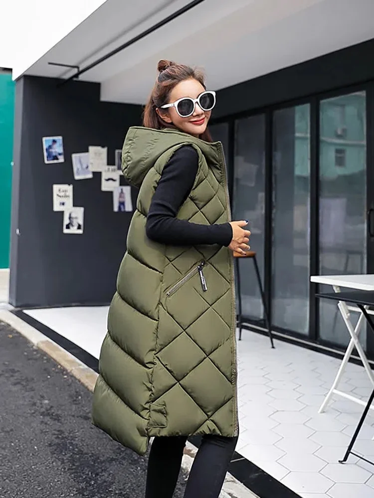 

Women's Sleeveless Vest Long Down cotton Jacket Solid Korea Hooded Padded Vests Loose Females 2023 Fashion Casual Winter Coat