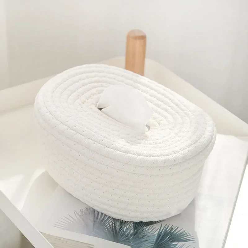 코튼 코드 짠 티슈 보관함, 간단한 일본 데스크탑 방진 티슈 박스, 커버 포함, 수제 세탁 가능