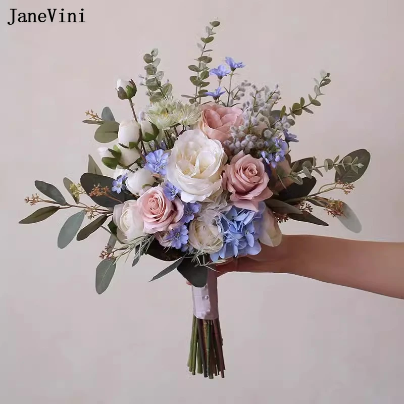 JaneVini Elegant Blue Silk Flowers Western Bridal Hand Bouquets Handmade Dusty Pink Roses Green Eucalyptus Wedding Bouquet Boho