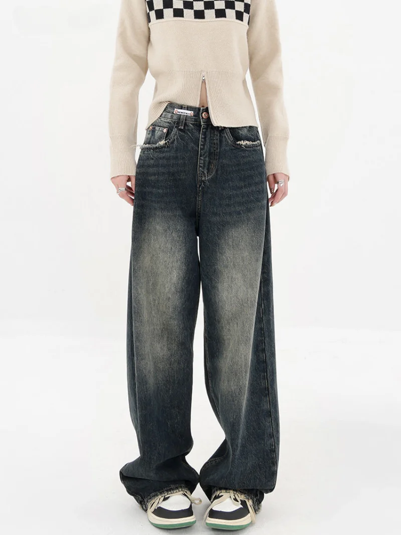Harajuku Streetwear Retro Fashion Summer Women High Waist Jeans Loose Wide Leg Straight Loose Denim Trousers Y2K Baggy Pants