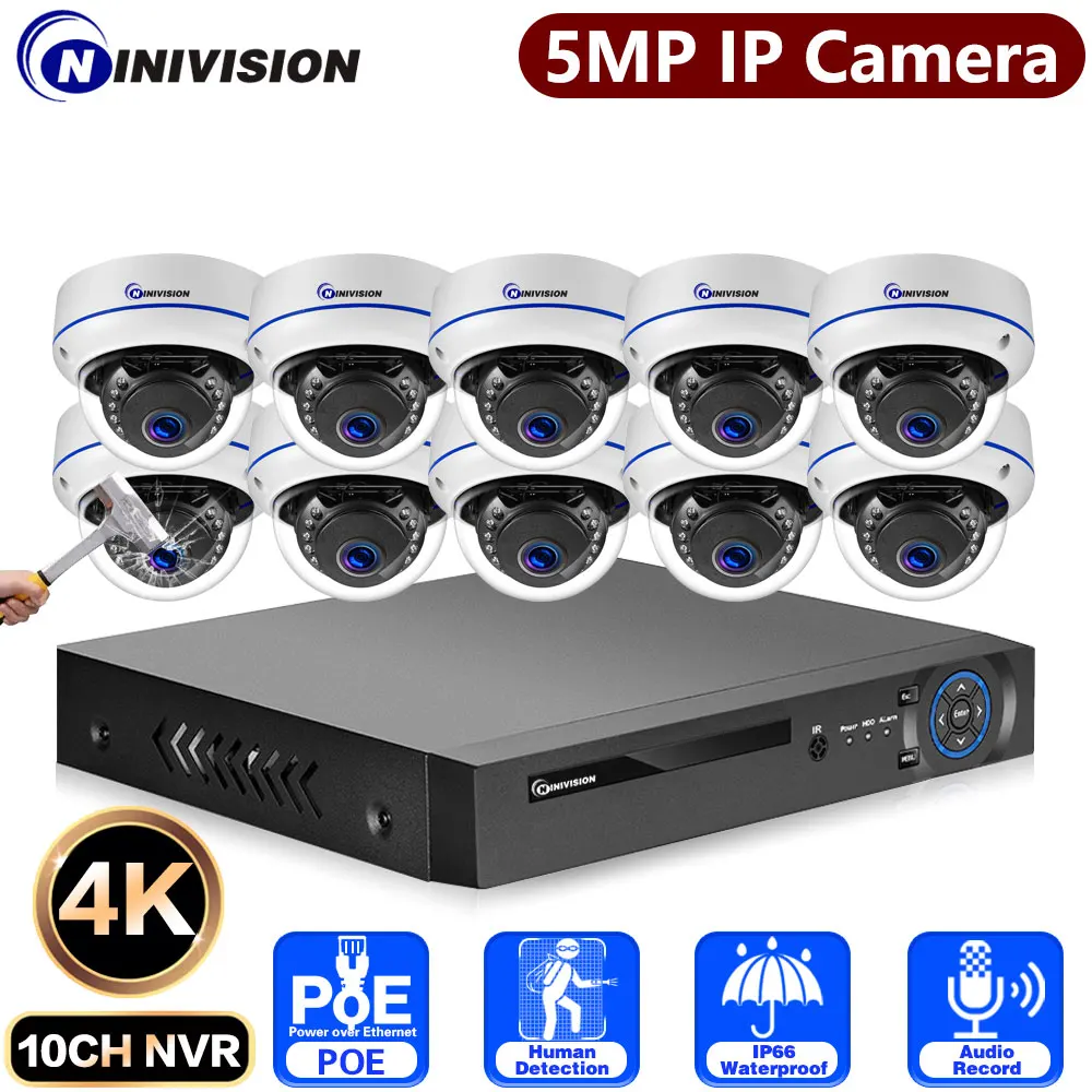 10CH 4K POE NVR 5MP Security Metal Explosion-Proof Dome IP Camera System Audio Recording P2P CCTV Video Surveillance 8CH Cam Kit