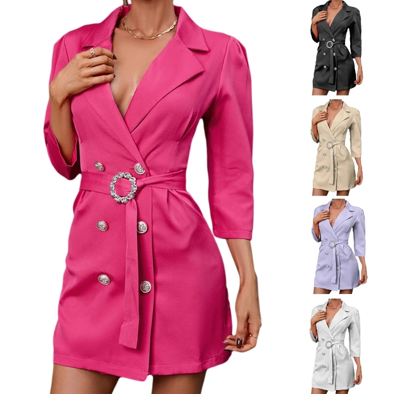 

Womens Notched Lapel Double Breasted Casual Work Office Belted Dress Elegant Solid Color Party Dresses