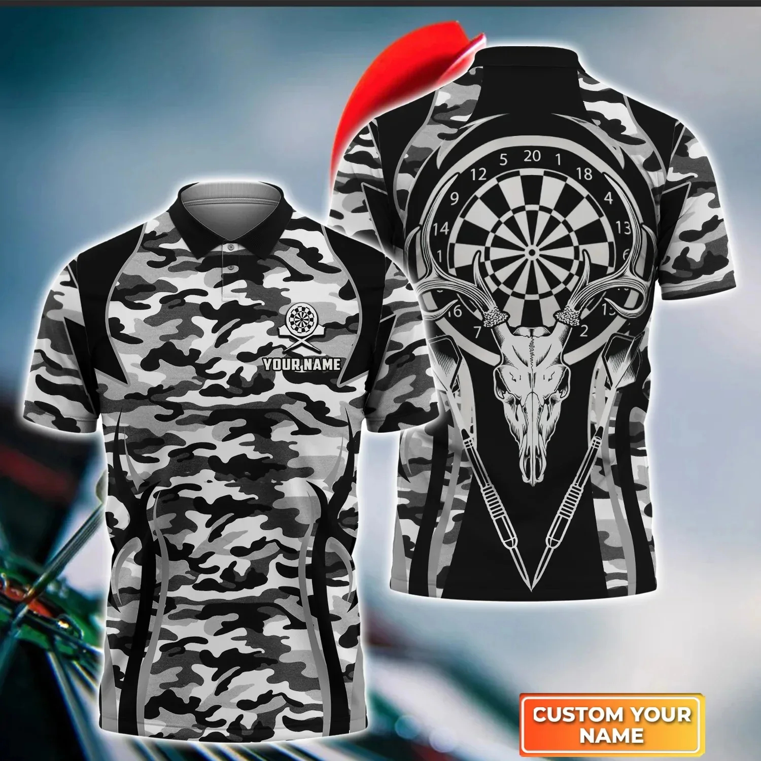 Dartscheibe Totenkopf personalisierter Name 3D-gedrucktes Sommer-Poloshirt Unisex Casual Kurzarmhemden Geschenk für Dartspieler POL-48 – Detail 27