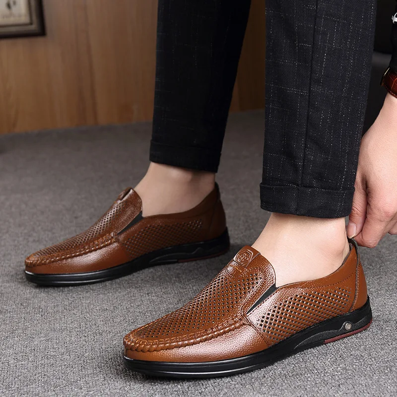 Mannen Zomer Loafers Schoenen Echt Leer Zachte Man Casual Slip-On Uitsparing Schoenen Koeienhuid Zomer Loafers 2023