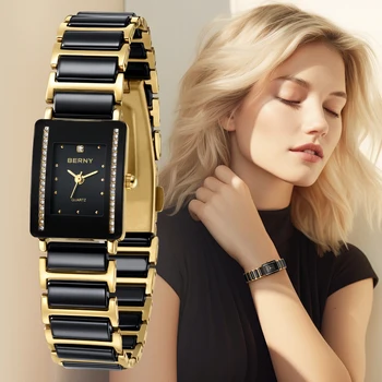 BERNY Ceramics Quartz Women Watch Fashion Rectangle Men/Women Wristwatch Bracelet Luxury Diamon Gold Couple Watches Gift Watches 1