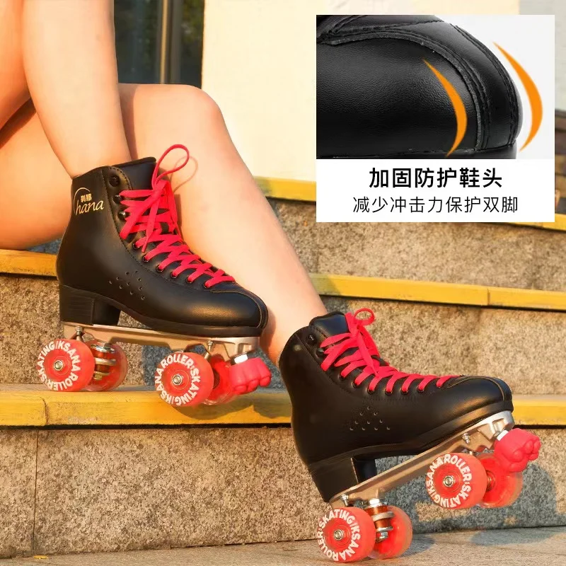 

Double Row Roller Skates For Men and Women Microfiber Leather Four-Wheel Sliding Inline Quad Skating Sneakers Training