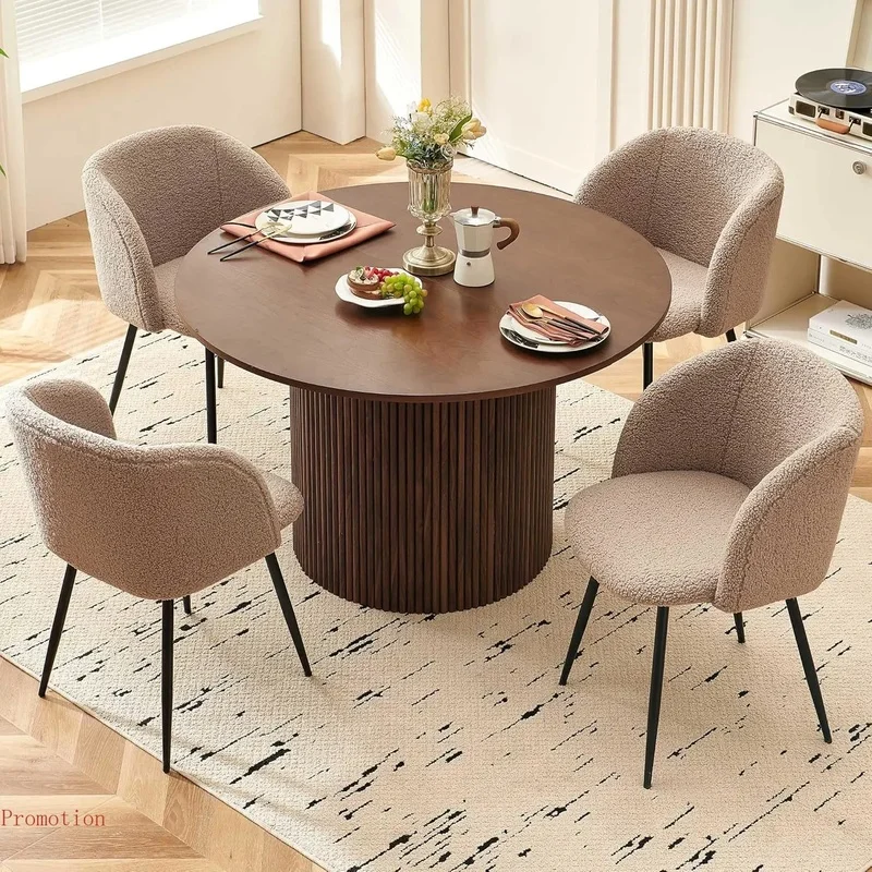 Round Dining Table and Chair Set, 47-Inch Wooden Kitchen Table with Barrel Chairs for 4, Brown Upholstered Sherpa Seating