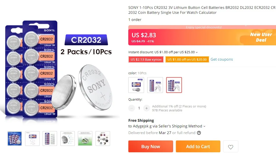 SONY 1-50Pcs CR2032 3V Lithium Button Cell Batteries BR2032 DL2032 ECR2032 CR 2032 Coin Battery Single Use For Watch Calculator