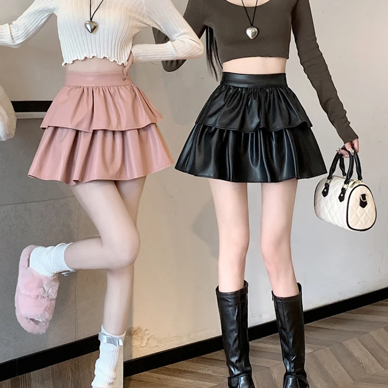 

Y2k Pleated Pu Leather Mini Skirt Women Korean Fashion High Waist Ball Gown Skirts Female Kawaii All Match Black Pink Faldas New