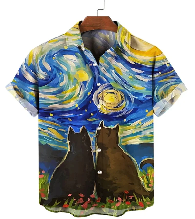 

New Men's Boutique Graffiti Kitten Print Short Sleeve Shirt Men's Cardigan Men's Street Fashion Clothing Men's Summer Casual Top