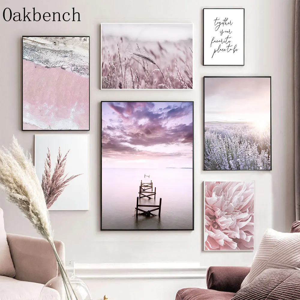 PinkFlowerWallPosterLavenderCanvasPaintingPurpleSkyWall