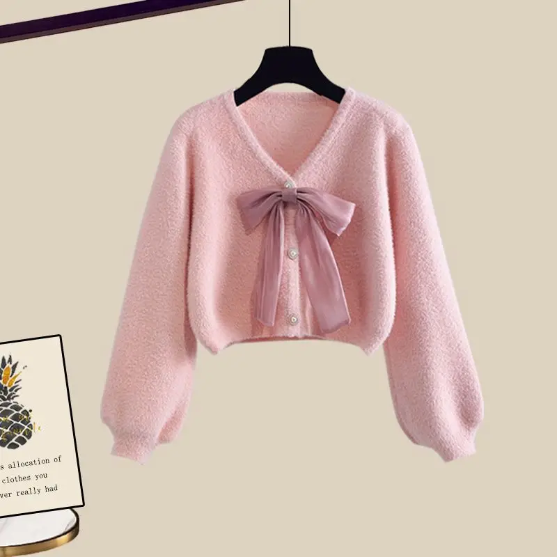 Korean Style Bow Knit Sweater Cardigan Casual Wide Leg Pants Two-piece Elegant Women\'s Pants Set Winter Tracksuit