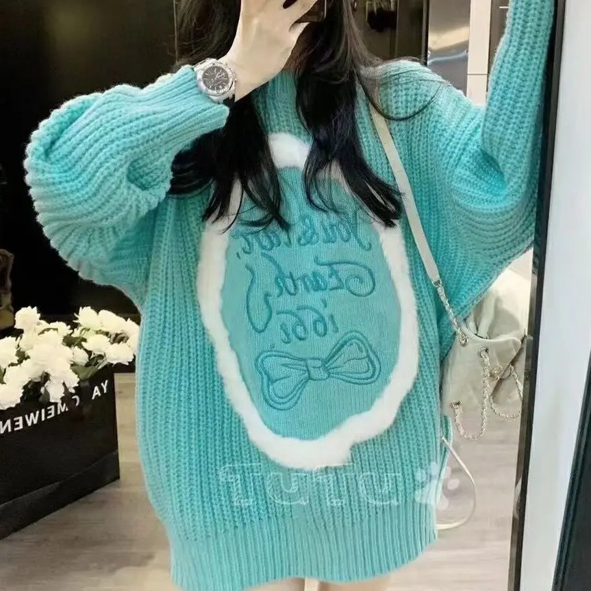 

Autumn And Winter 2022 New Hot Style Loose Knitted Sweater Top Lake Blue Sweater Women
