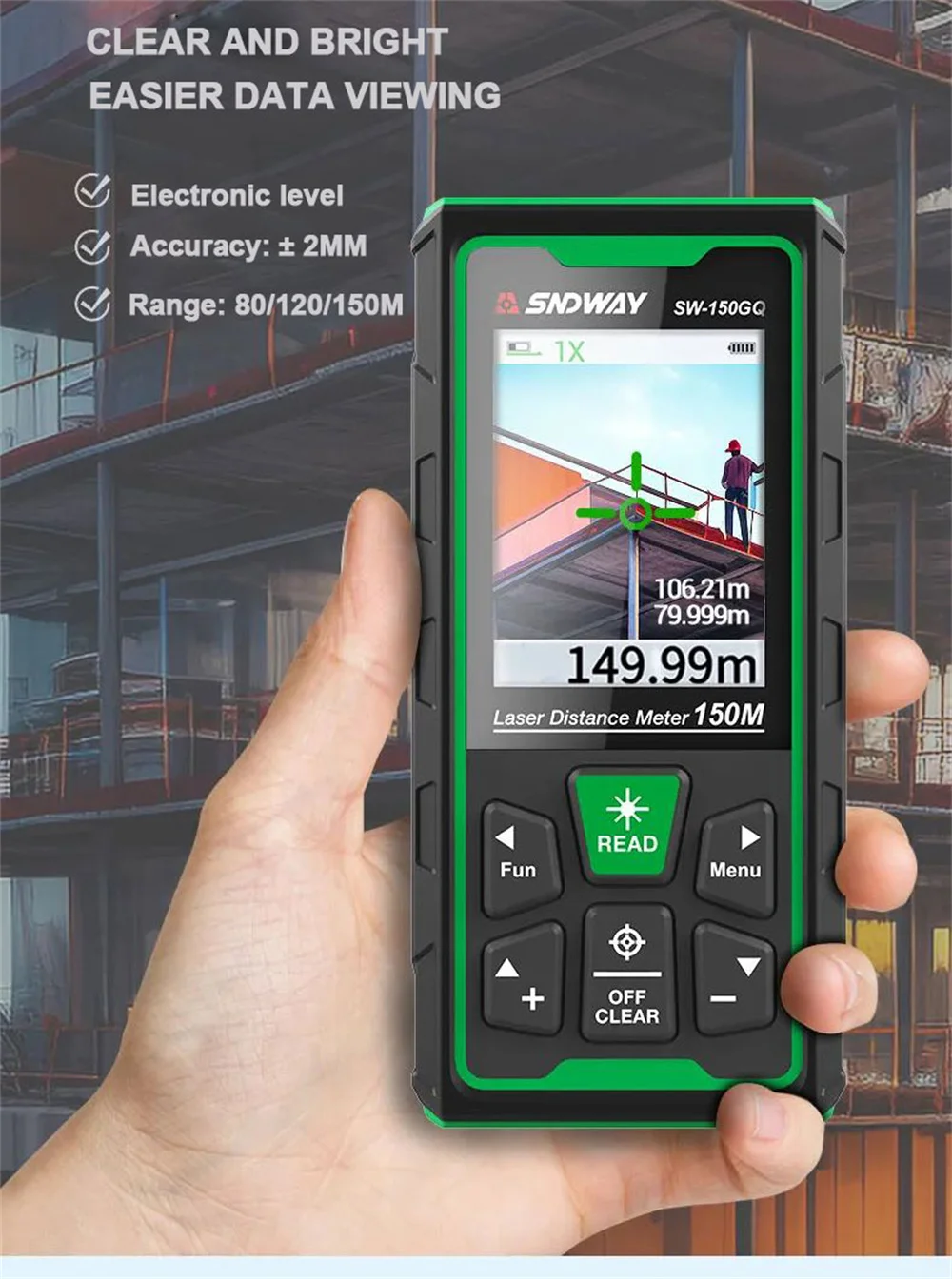 SNDWAY Digital Rangefinder Bluetooth Laser Distance Meter 4X Zoom Green Laser Ta