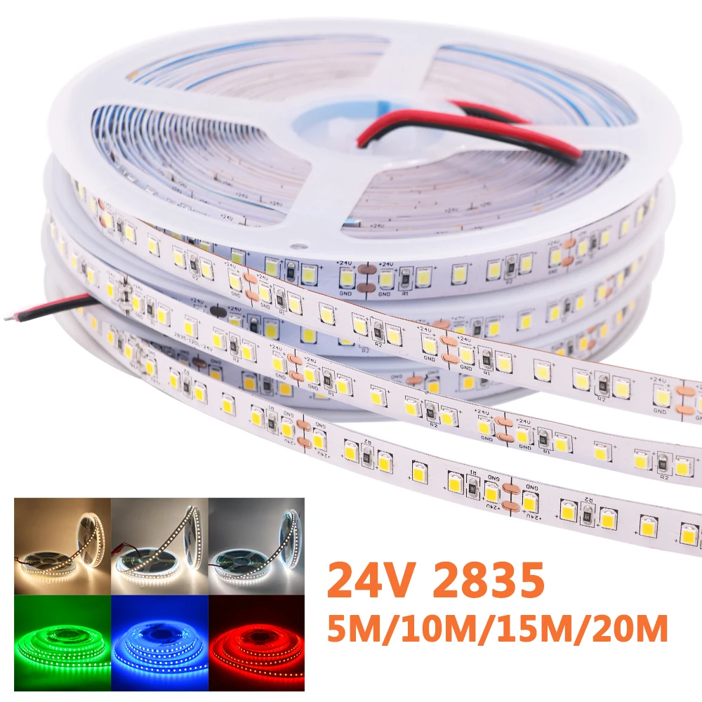 

Светодиодная ленсветильник SMD2835, 24 В постоянного тока, 120 светодиодов/м, 5 м, 10 м, 15 м, 20 м, IP65, водонепроницаемая светодиодная лента, белый/натуральный белый/красный/зеленый/синий