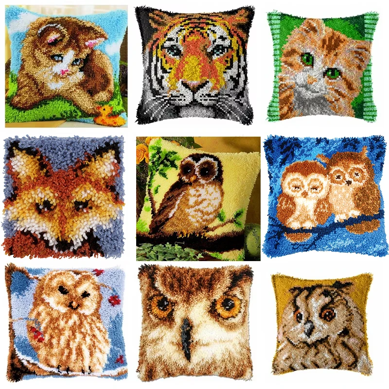 Animal Latch Hook Kit Owl Tiger Carpet Embroidery DIY Smyrna Buttons Package Cat Rug Making Kits Knot Pillow Package Crochet