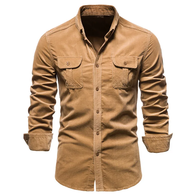 

Men's Shirt Business Casual New Single Breasted 100% Cotton Fashion Solid Corduroy Man Shirts Autumn Slim Top Shirt