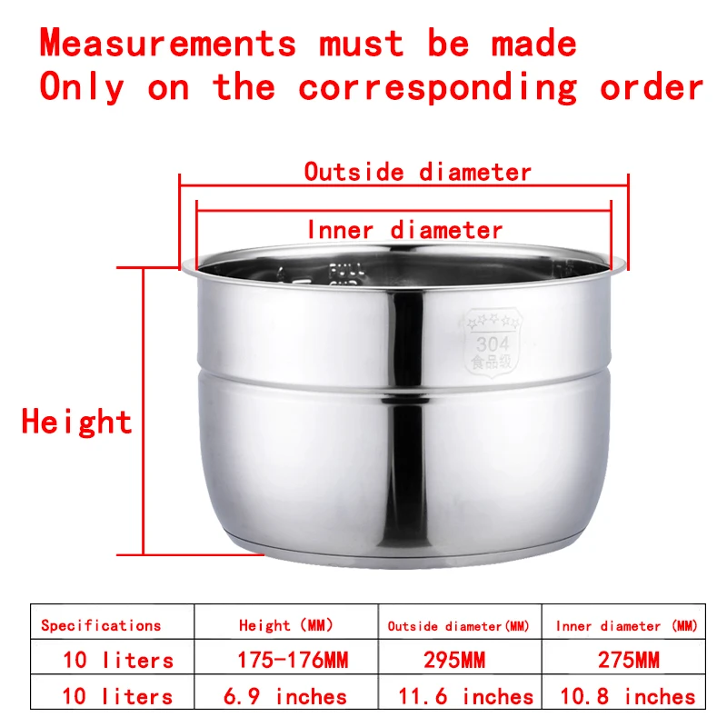 10 Liters175 Electric Pressure Cooker Liner Stainless Steel 304 Food Grade Multi-Bowl Soup Porridge Pot Bile Cooker Accessories