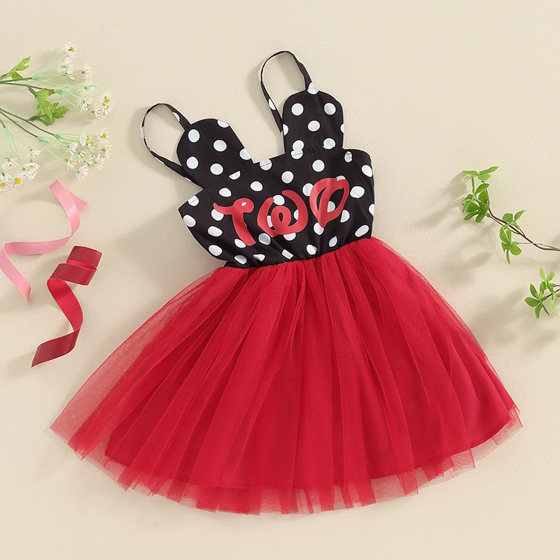 

Birthday Outfit Baby Girl Tulle Dress Polka Dots Print Sleeveless Strap Dress Off Shoulder Mesh Tutu Tulle Dresses