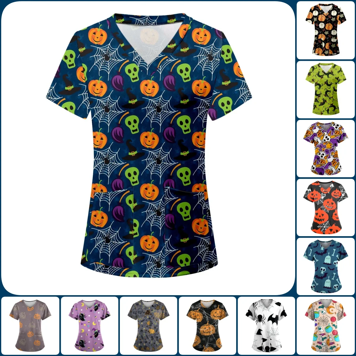 Medizinische Uniform für Frauen, Halloween-Kürbis-Spinnennetz-Druck, ausziehbare Stilloberteile, Terror-Spinne, kurzärmelige Scrubs-Uniform für Damen