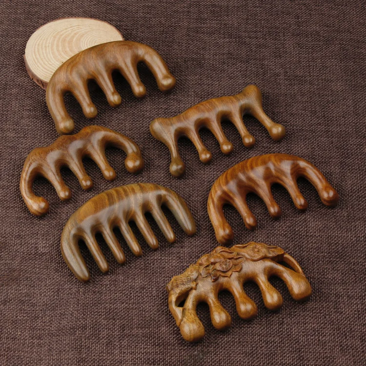 

Массажная расческа для волос, зеленая сандаловая Расческа с пятью широкими зубьями, акупунктурная терапия, циркуляция крови, антистатические гладкие волосы